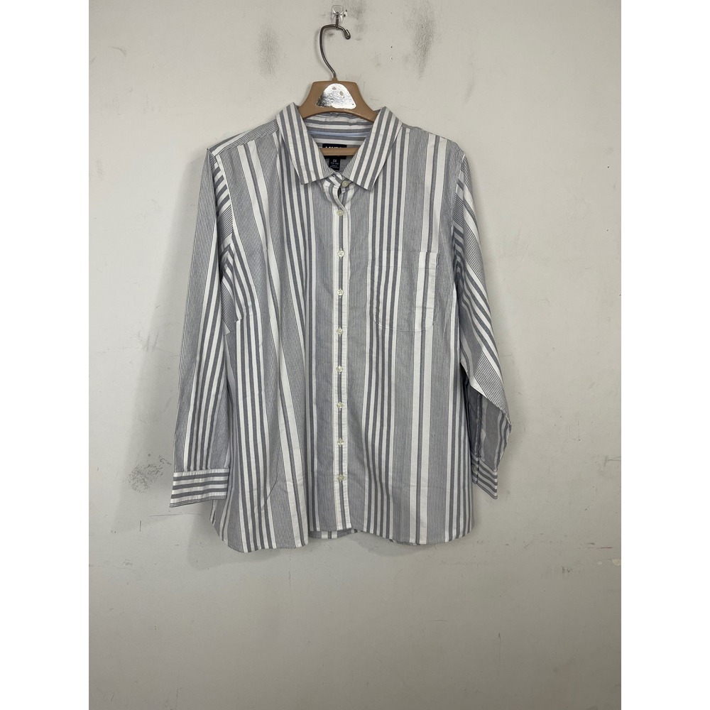 Lands End Women 3X Blue White Striped Oxford Button Up Shirt Long Sleeve 24W-26W